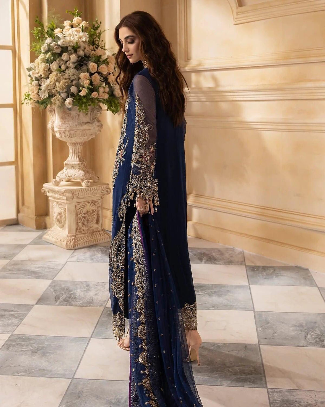 Navy Blue Heavy Embroidered Chiffon Suit | Ready-to-Wear Dupatta