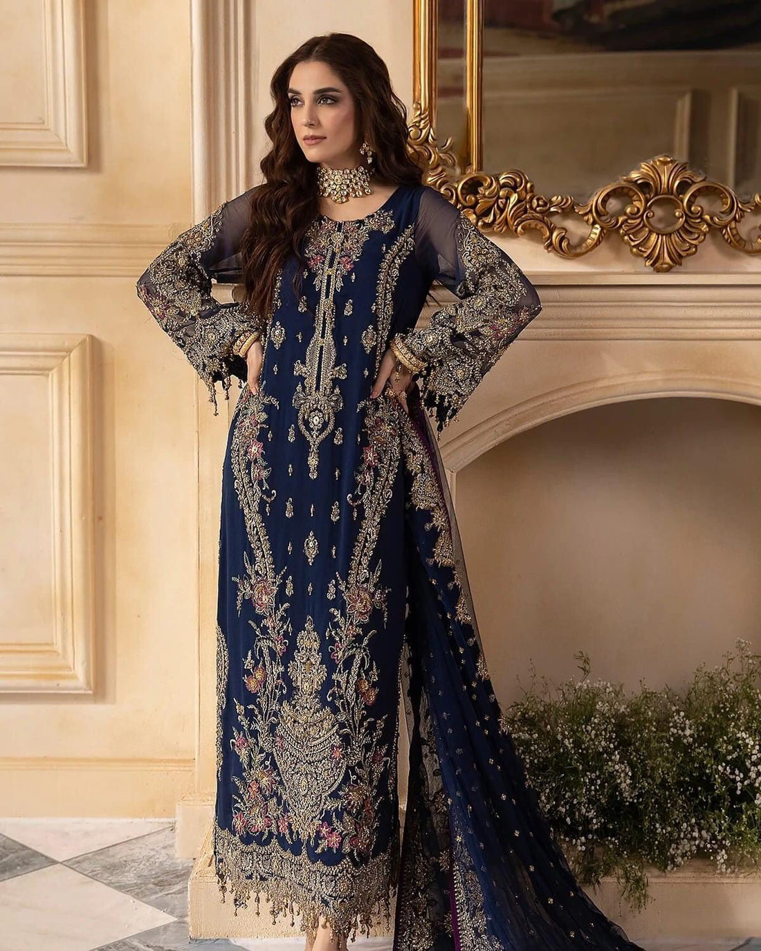 Navy Blue Heavy Embroidered Chiffon Suit | Ready-to-Wear Dupatta
