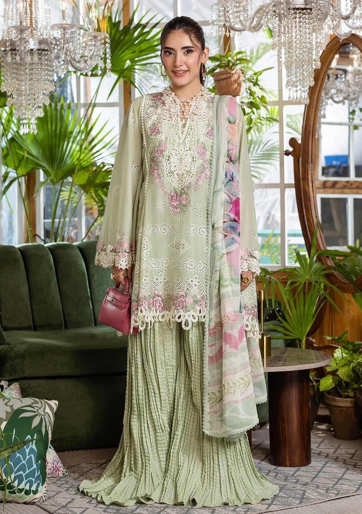 Sage Green Embroidered Chikankari Lawn Suit |Ready to Wear