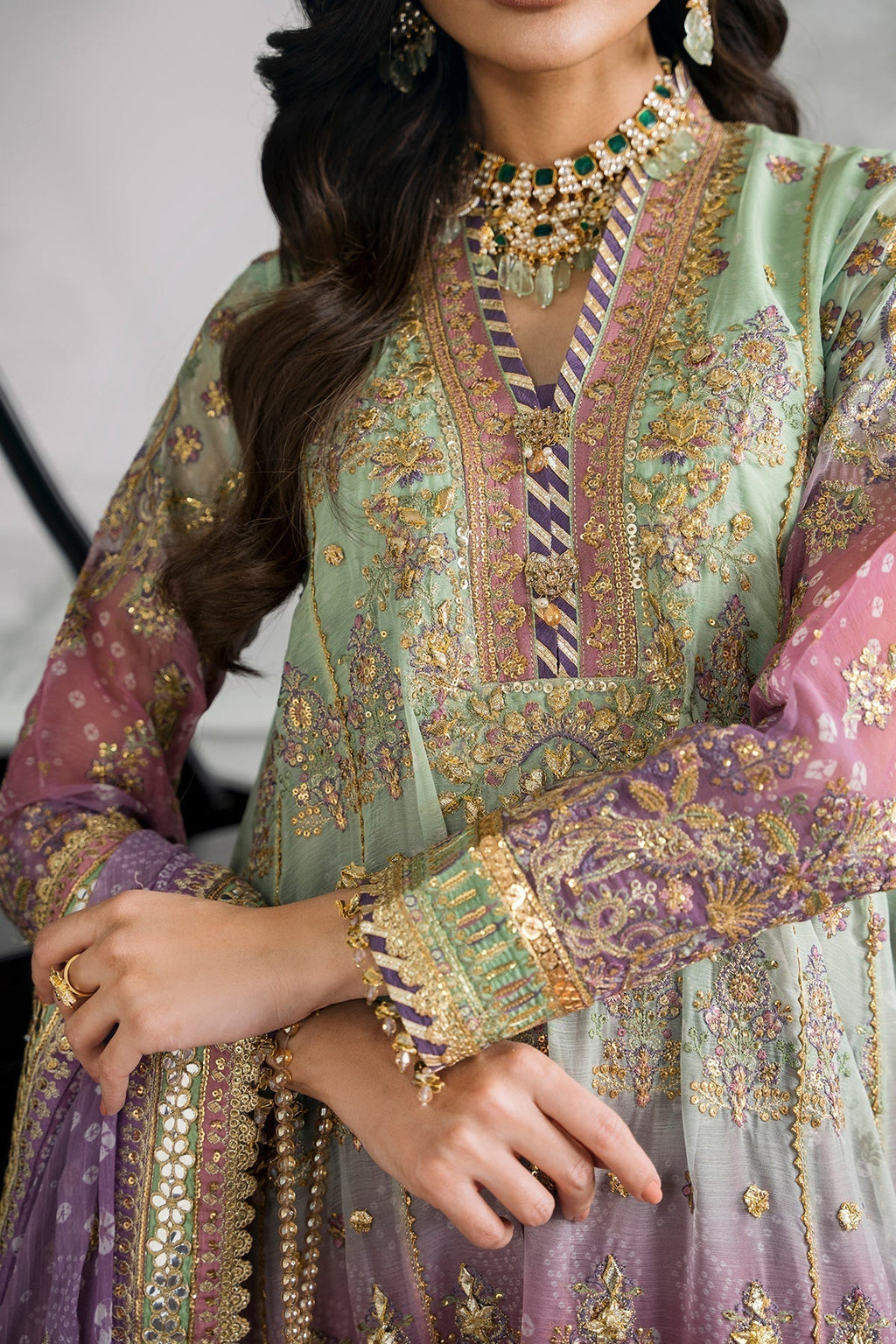 Back on Demand! Baroque stitched Chiffon Suit with Silk Trouser