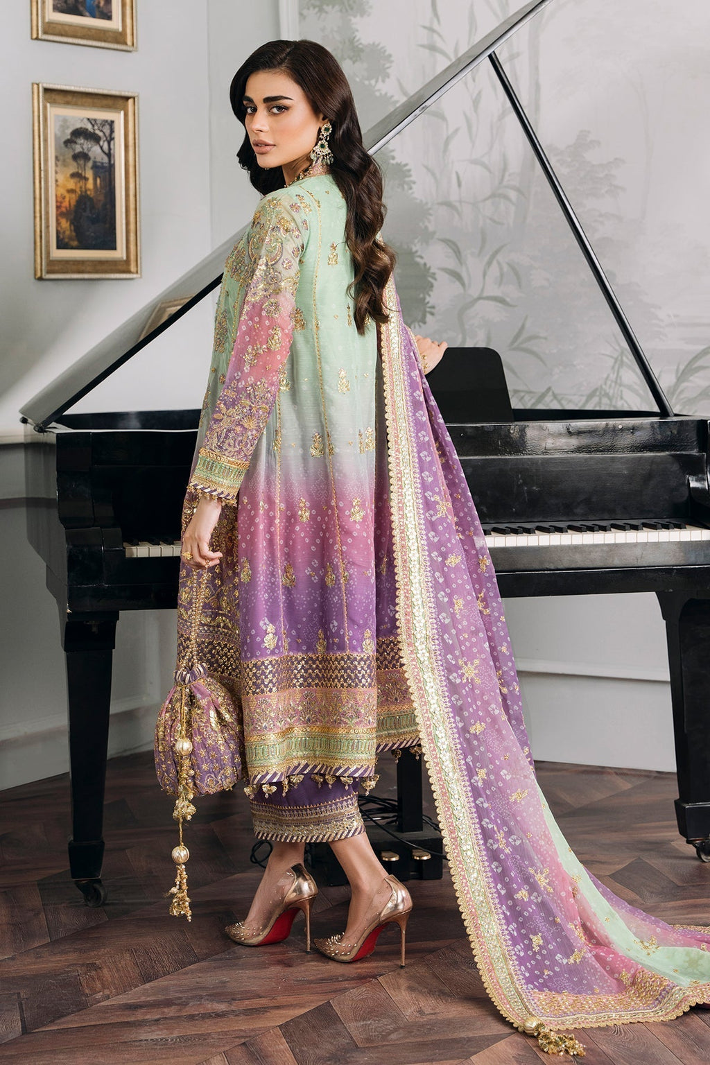 Back on Demand! Baroque stitched Chiffon Suit with Silk Trouser