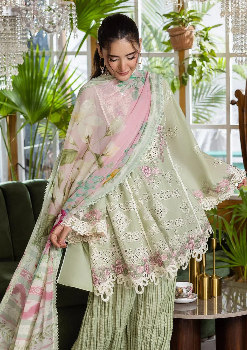 Sage Green Embroidered Chikankari Lawn Suit |Ready to Wear
