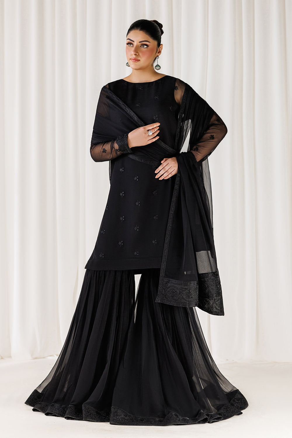 Midnight Black Chiffon Sequence Embroidered Garara Suit | |RTW