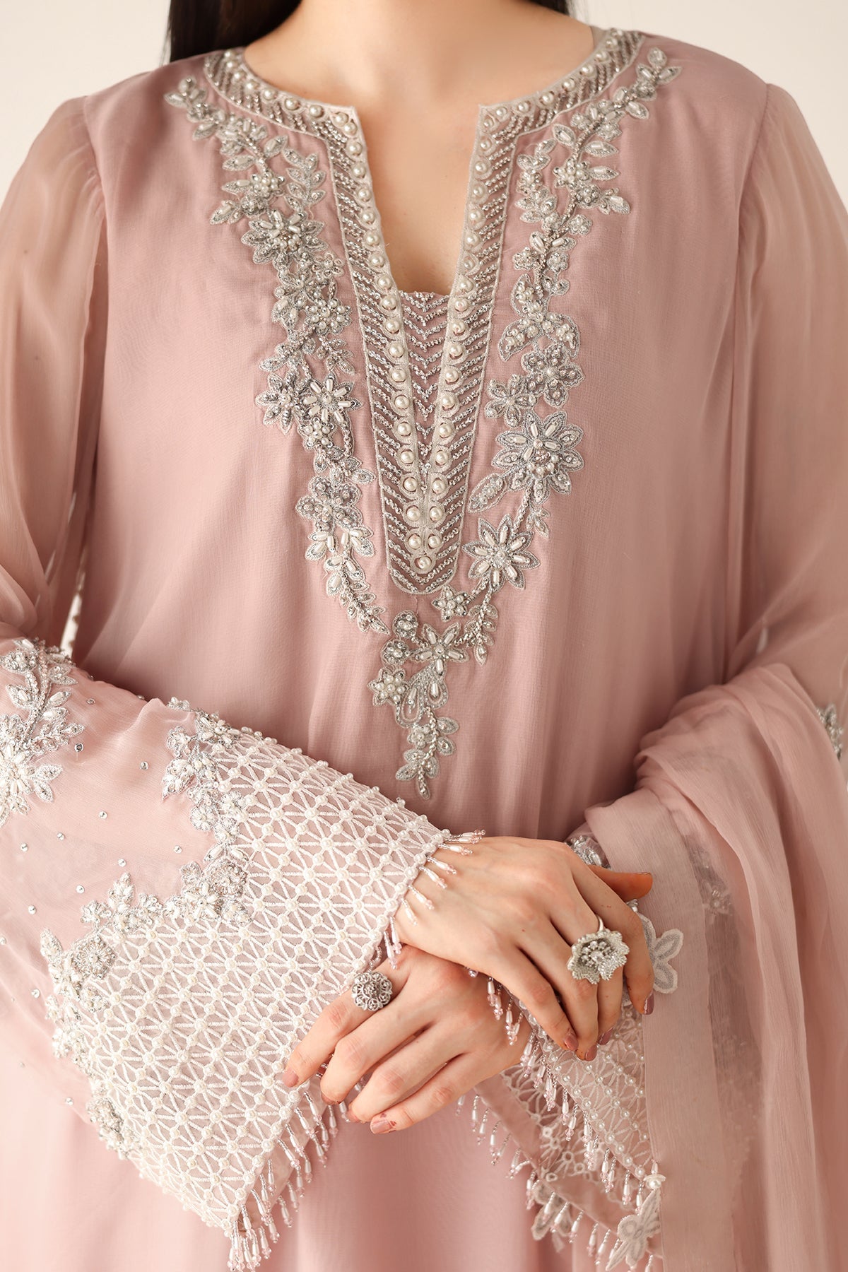 Blushing Rose Hand-Embellished Chiffon Festive Suit | RTW