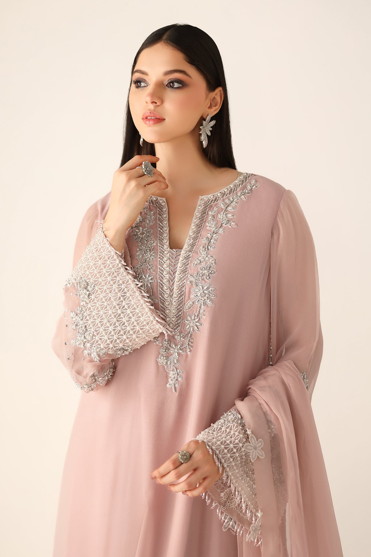 Blushing Rose Hand-Embellished Chiffon Festive Suit | RTW