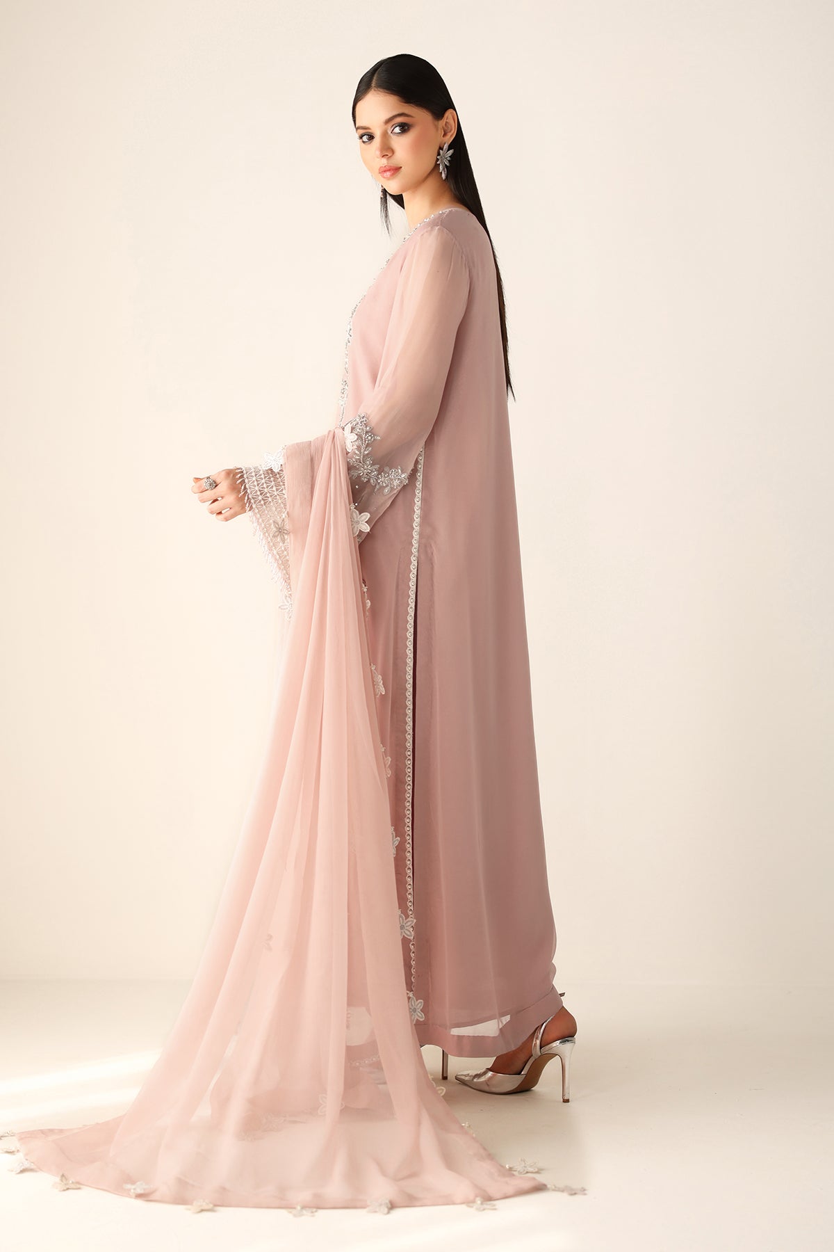 Blushing Rose Hand-Embellished Chiffon Festive Suit | RTW