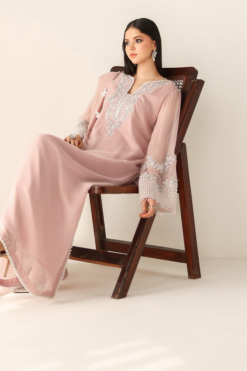 Blushing Rose Hand-Embellished Chiffon Festive Suit | RTW