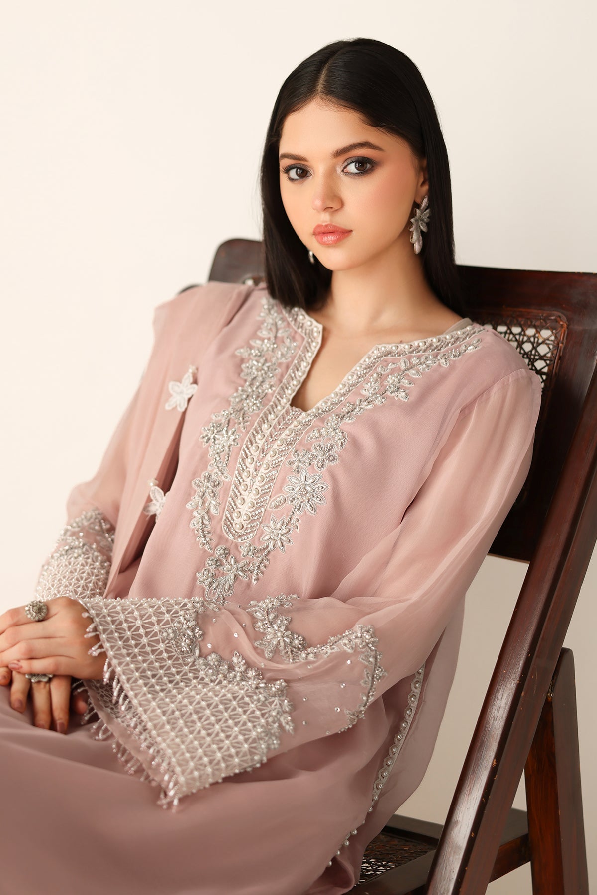 Blushing Rose Hand-Embellished Chiffon Festive Suit | RTW