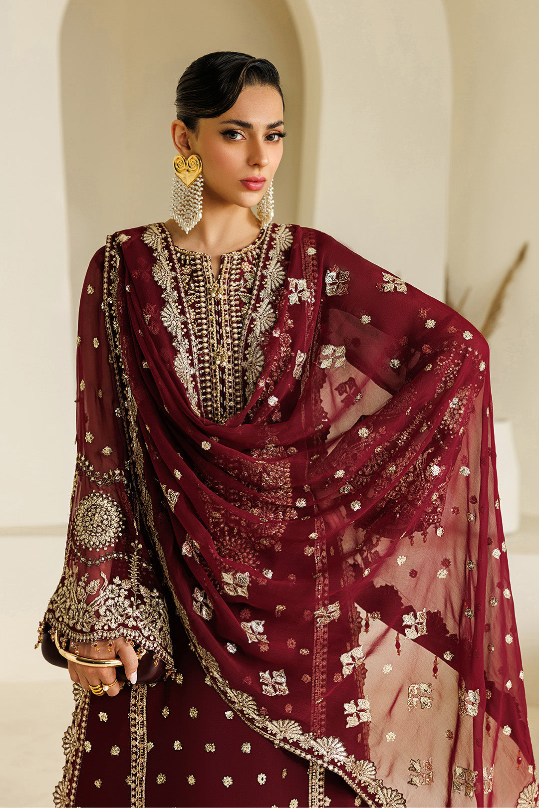 Maroon Sequence Embroidered Chiffon Festive Suit | RTW
