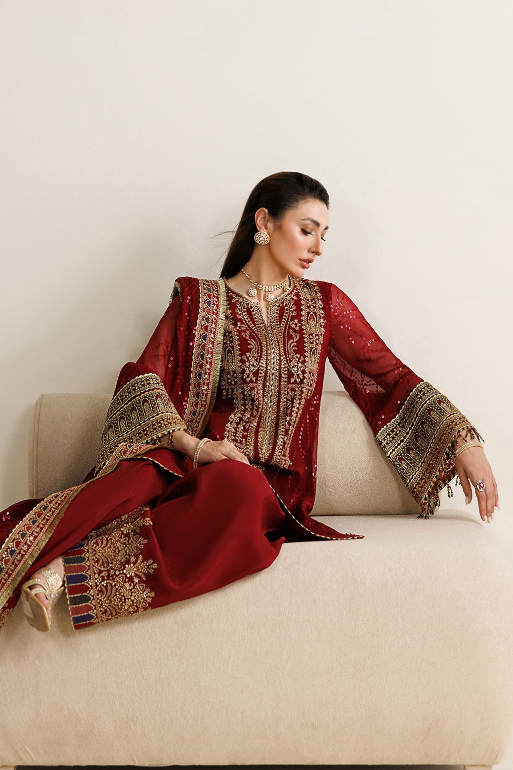 Red Sequined Chiffon Suit |Ready to Wear