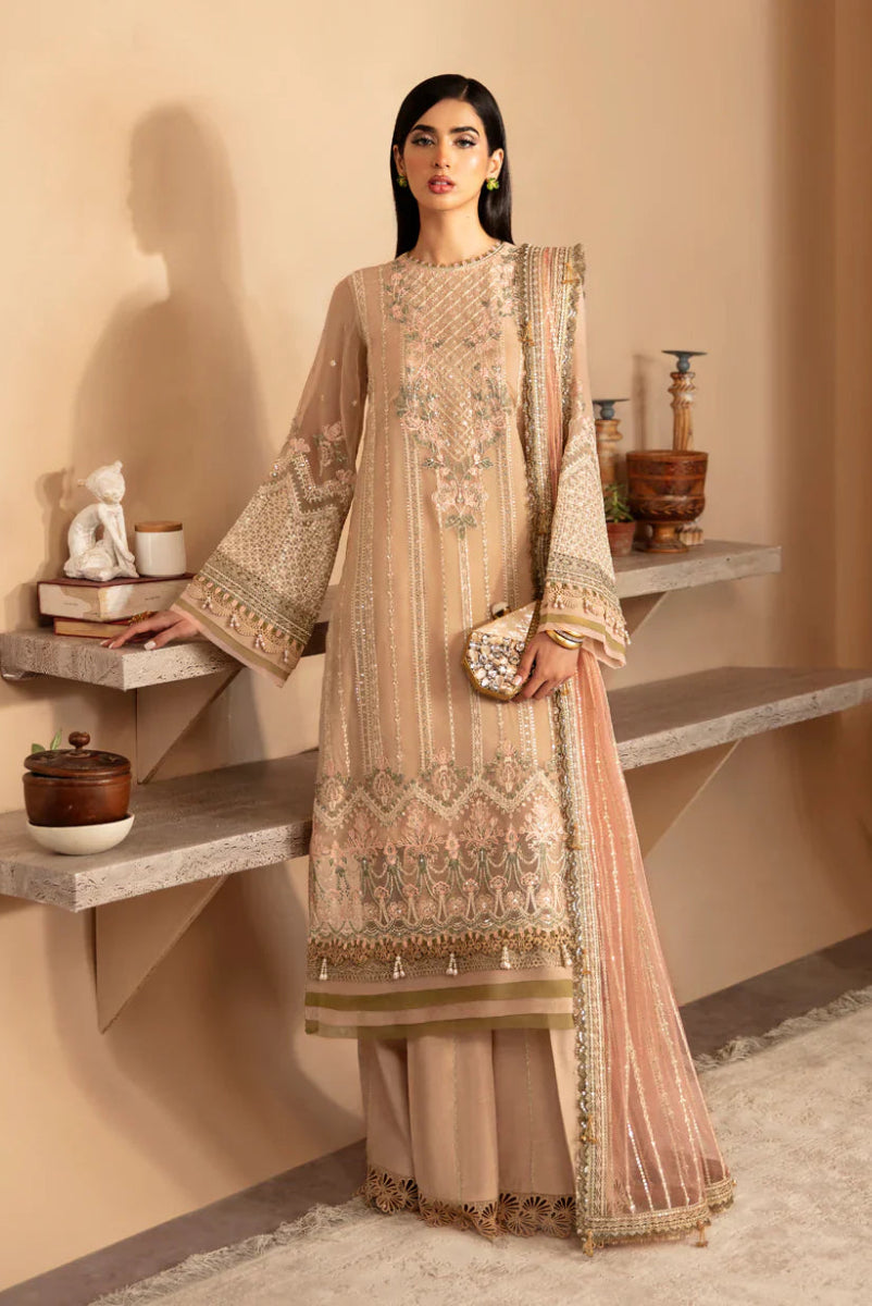 Biscuit Beige Embroidered Semi Pure Chiffon Suit |Ready to Wear