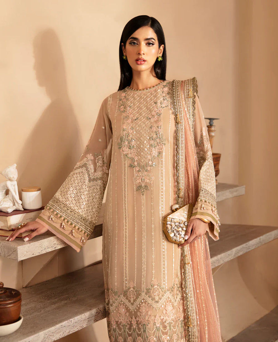 Biscuit Beige Embroidered Semi Pure Chiffon Suit |Ready to Wear