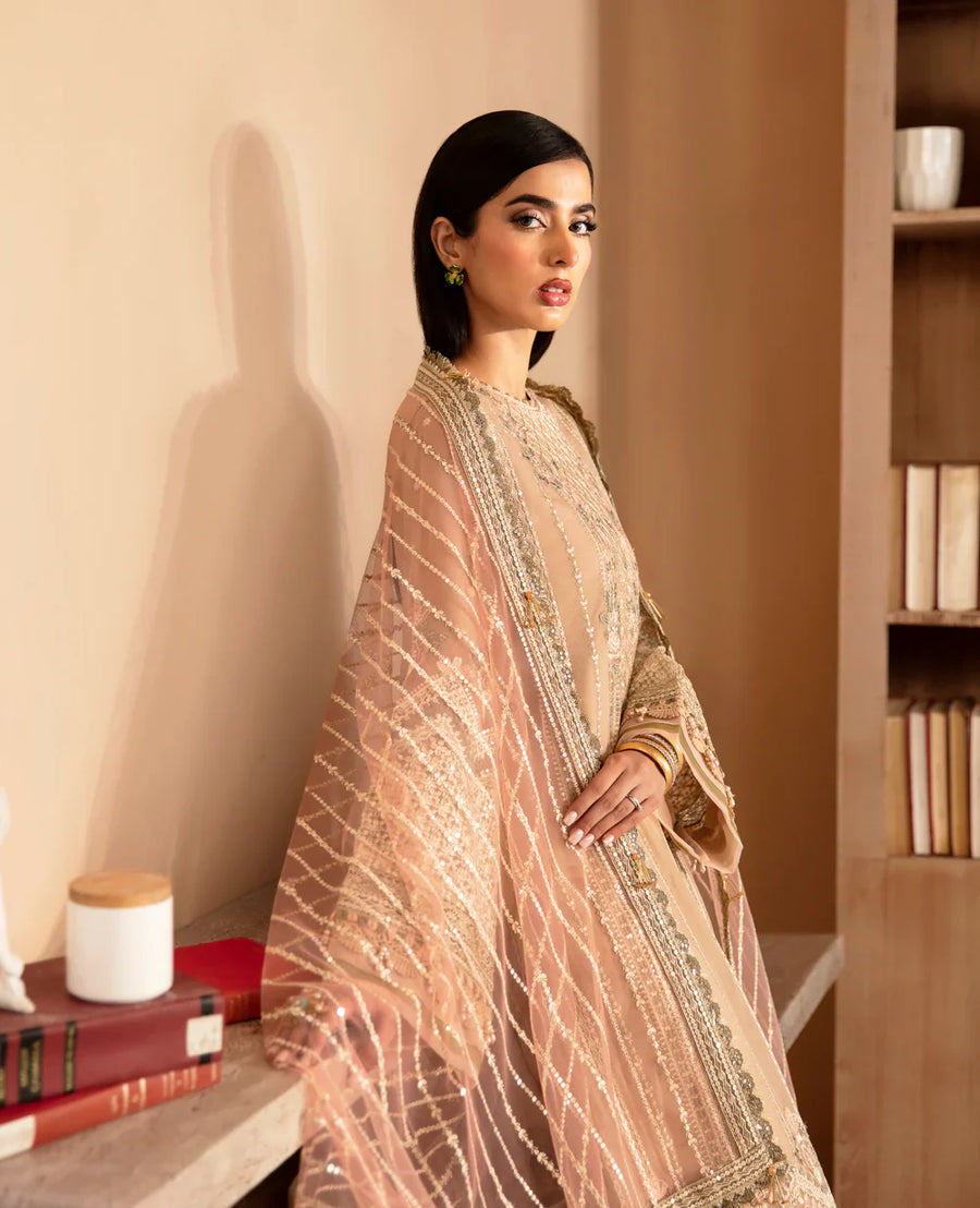 Biscuit Beige Embroidered Semi Pure Chiffon Suit |Ready to Wear