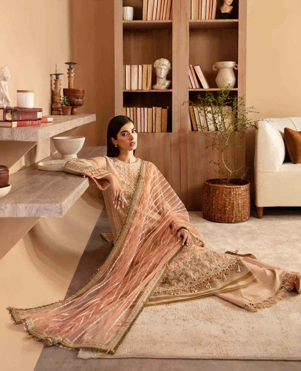 Biscuit Beige Embroidered Semi Pure Chiffon Suit |Ready to Wear