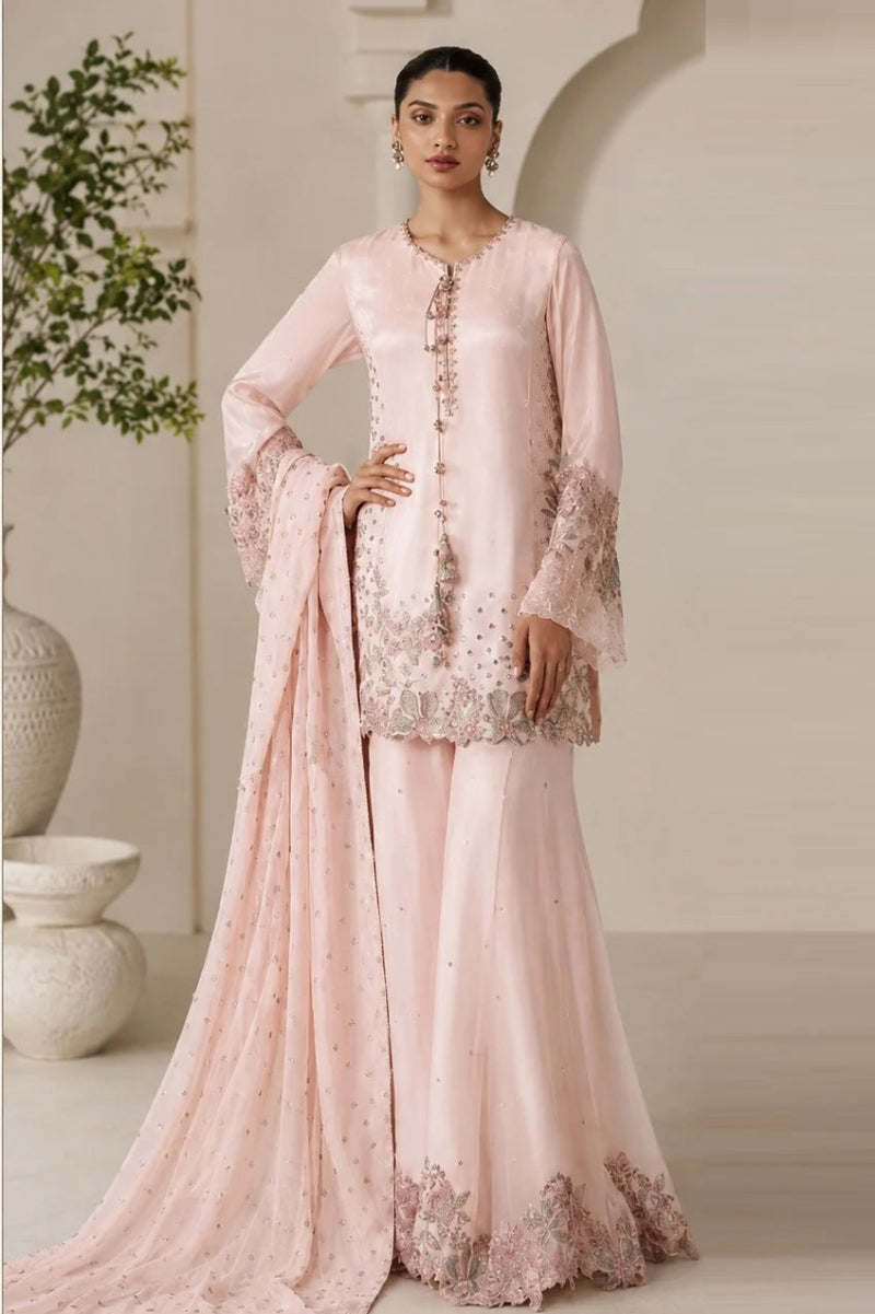 Blushing Pink Bamber Chiffon Ready to Wear Embroidered Festive Suit