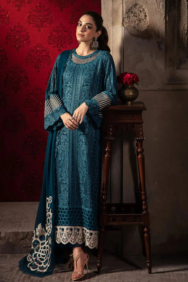 Luxury Deep Teal Heavy Embroidered Chiffon 3-Piece Formal Suit | RTW