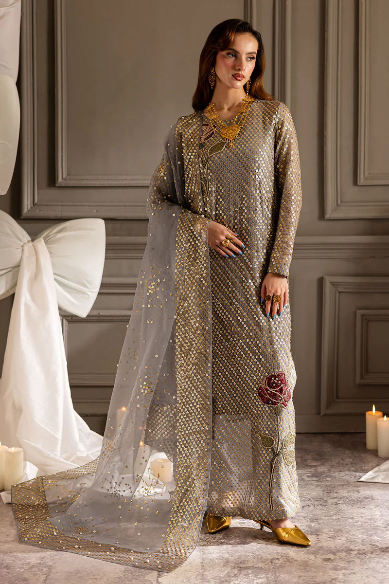 Metallic Grey & Gold Embellished - Embroidered Suit | Ready To Wear