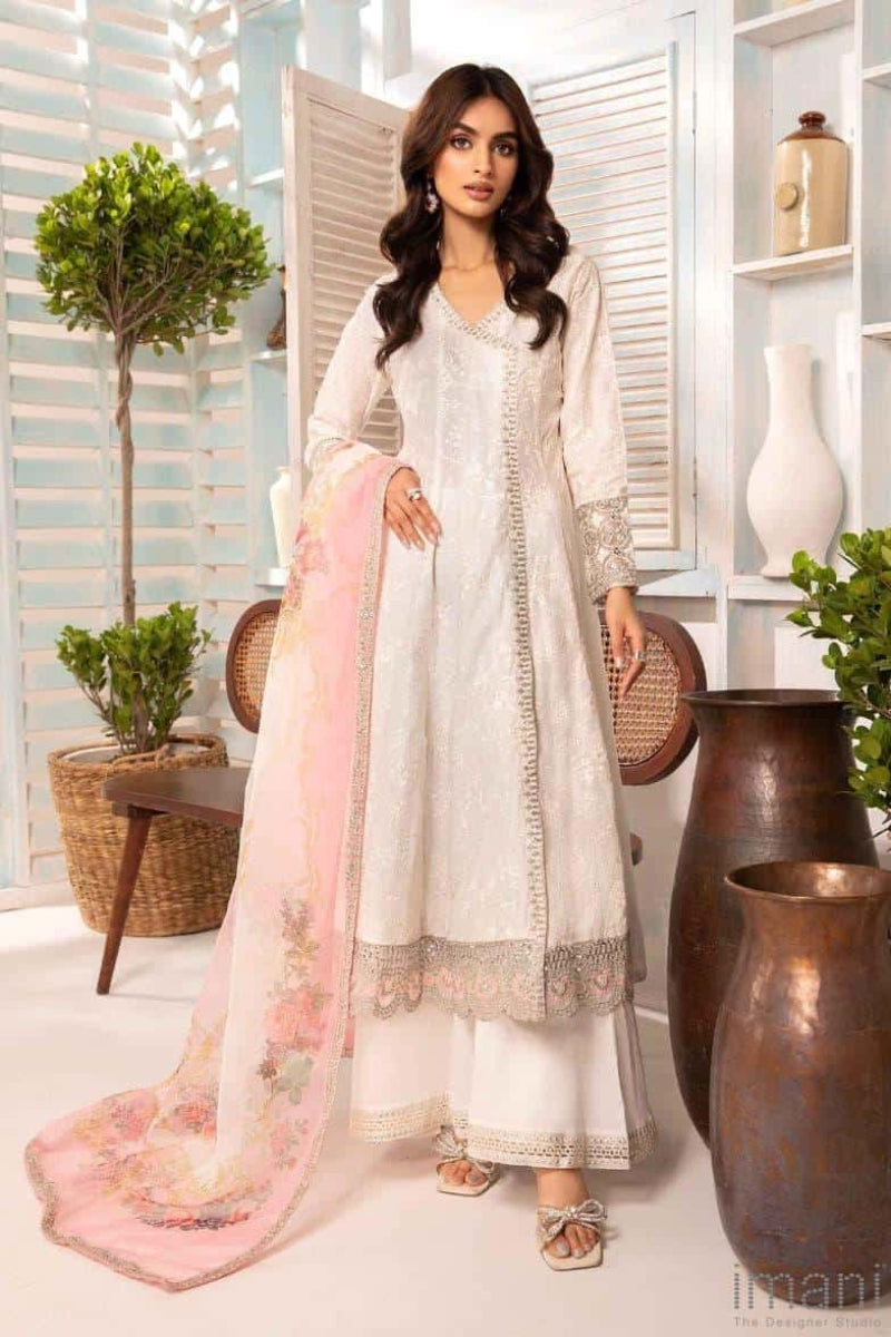 Off White Embroidered Jacquard Lawn Suit with Pink Silk Dupatta |RTW