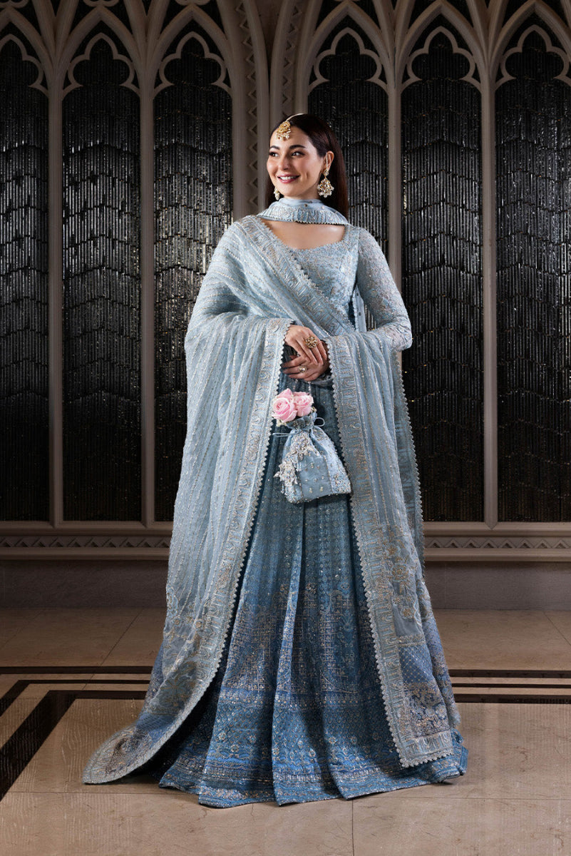 Ready to Wear Blue Embroidered Net Long Gown and Lehenga Set with Pouch