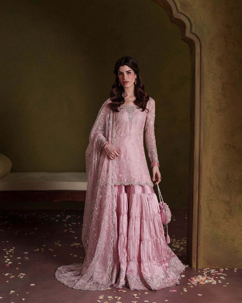 Pink Chiffon Gharara Set with Potli Pouch |Ready to Wear
