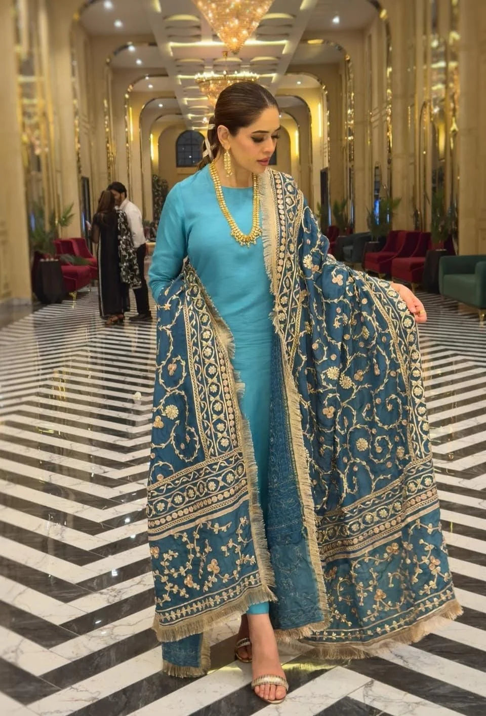 Teal Blue Plain Silk Ready to Wear Russian Silk Shawl Suit