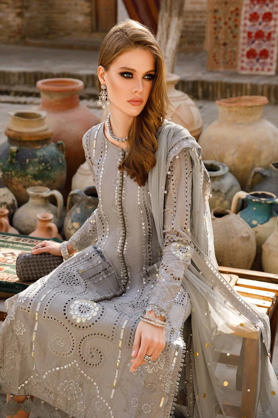 Heavy Embroidered Grey Lawn 3-Piece Suit | Mirror &amp; Foil Work with Net Dupatta