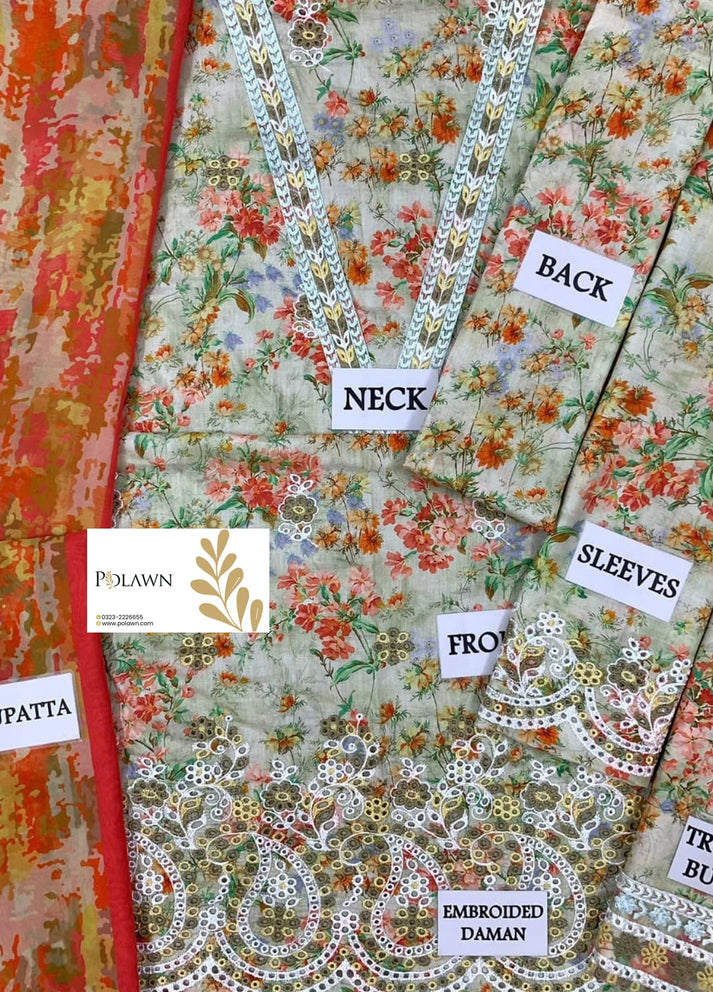 Pastel Mint Floral Schiffli Embroidered Lawn Suit with Silk Dupatta |RTW