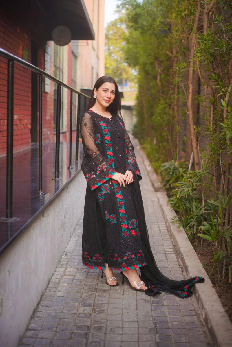Bamber Chiffon 2026 | Heavy Sequin Embroidered Black 3-Piece Stitched Suit | Organza Daman Border