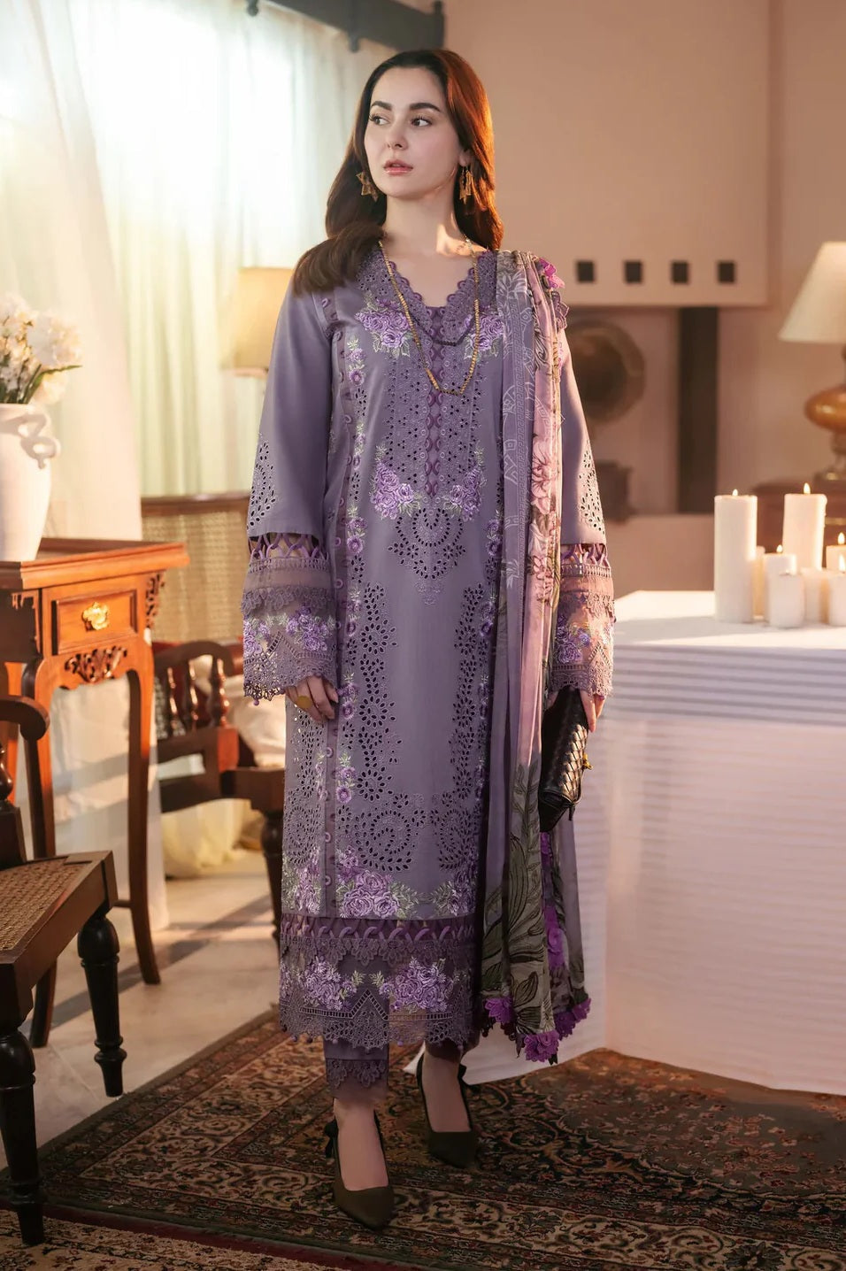 Luxury Mauve Purple Embroidered Cotton Suit with Silk Dupatta | RTW