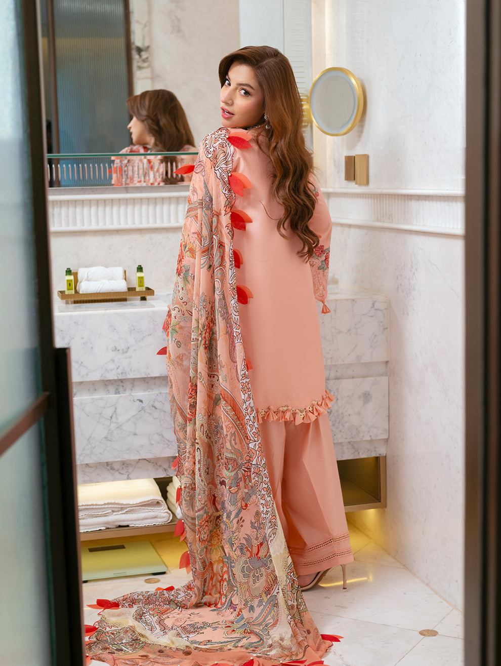Heavy Embroidered Peach Lawn 3-Piece Suit | Chawk Bunch & Silk Dupatta