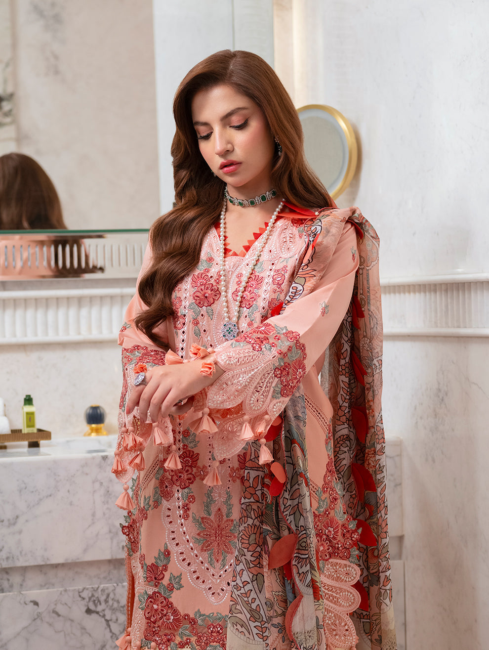 Heavy Embroidered Peach Lawn 3-Piece Suit | Chawk Bunch & Silk Dupatta