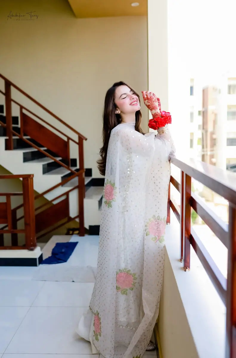 Heavy Embroidered White Chiffon 3-Piece Suit | 9MM Sequin Work with Floral Embroidered Dupatta