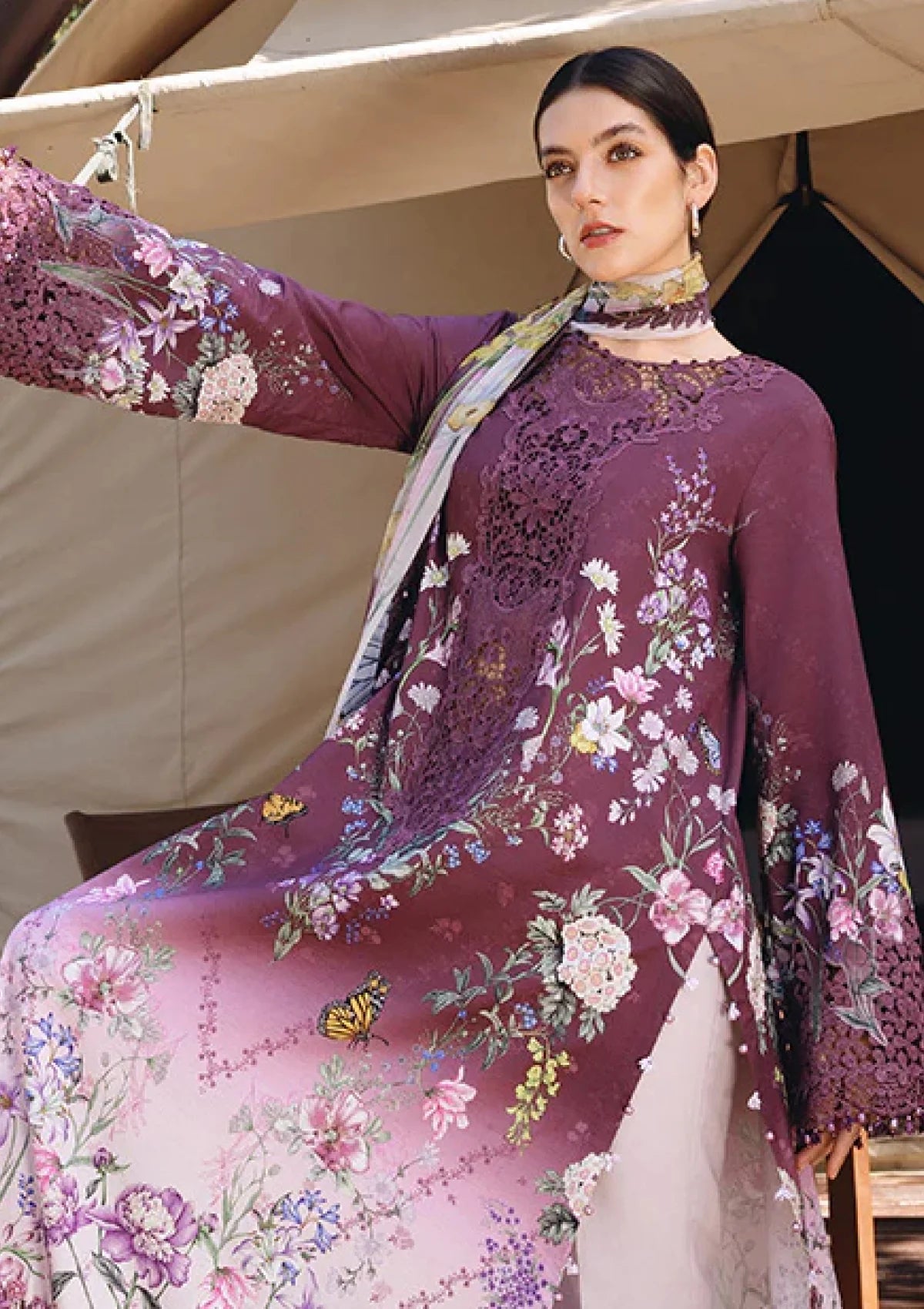 Grape & Lavender Gradient - Embroidered Chiffon Suit | Ready To Wear