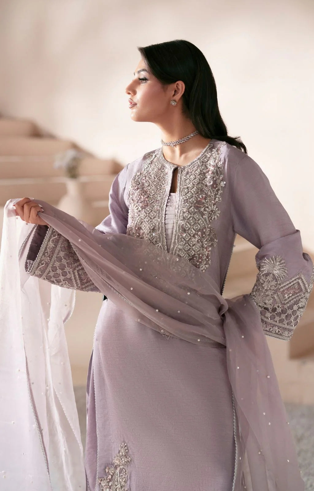 Smoked Lavender - Silk Suit With Organza Dupatta | Ready To Wear