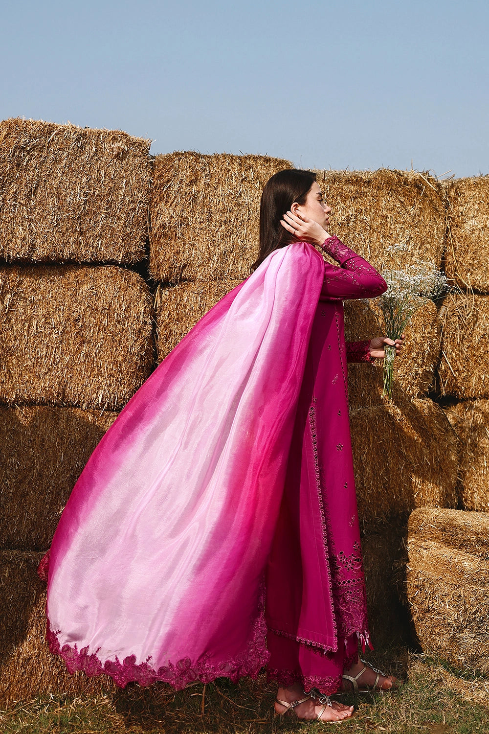 Luxury Cotton Lawn 2026 | Heavy Chicken Kari Embroidered Magenta 3-Piece Unstitched Suit | Contrast Chiffon Dupatta