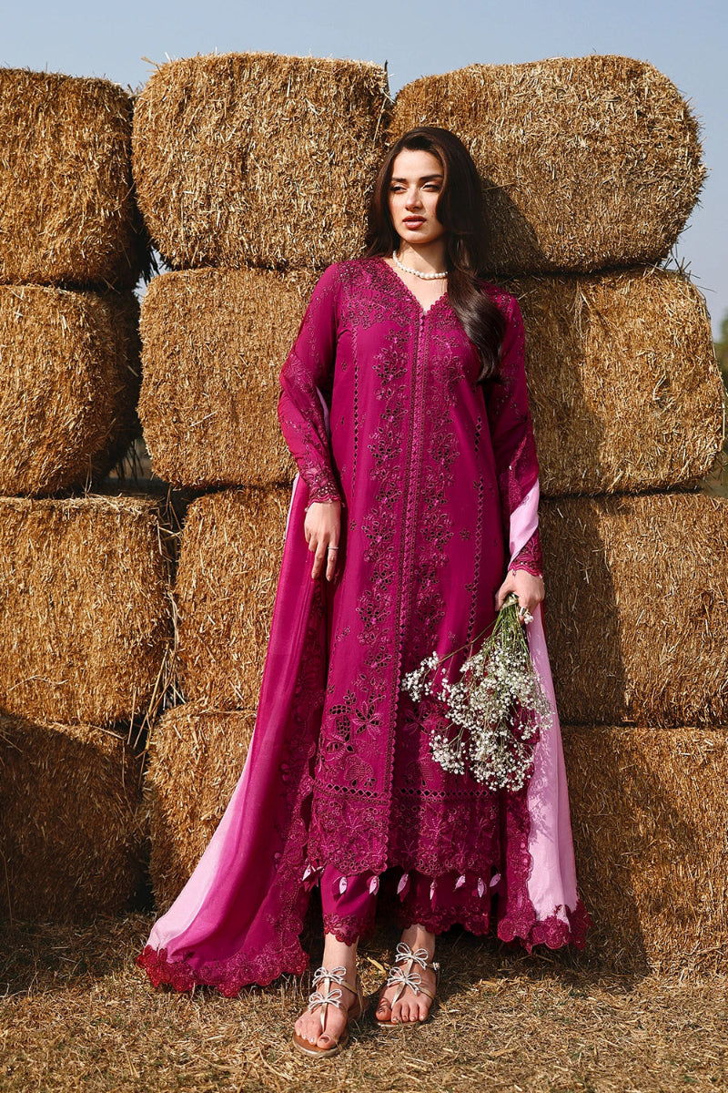 Luxury Cotton Lawn 2026 | Heavy Chicken Kari Embroidered Magenta 3-Piece Unstitched Suit | Contrast Chiffon Dupatta