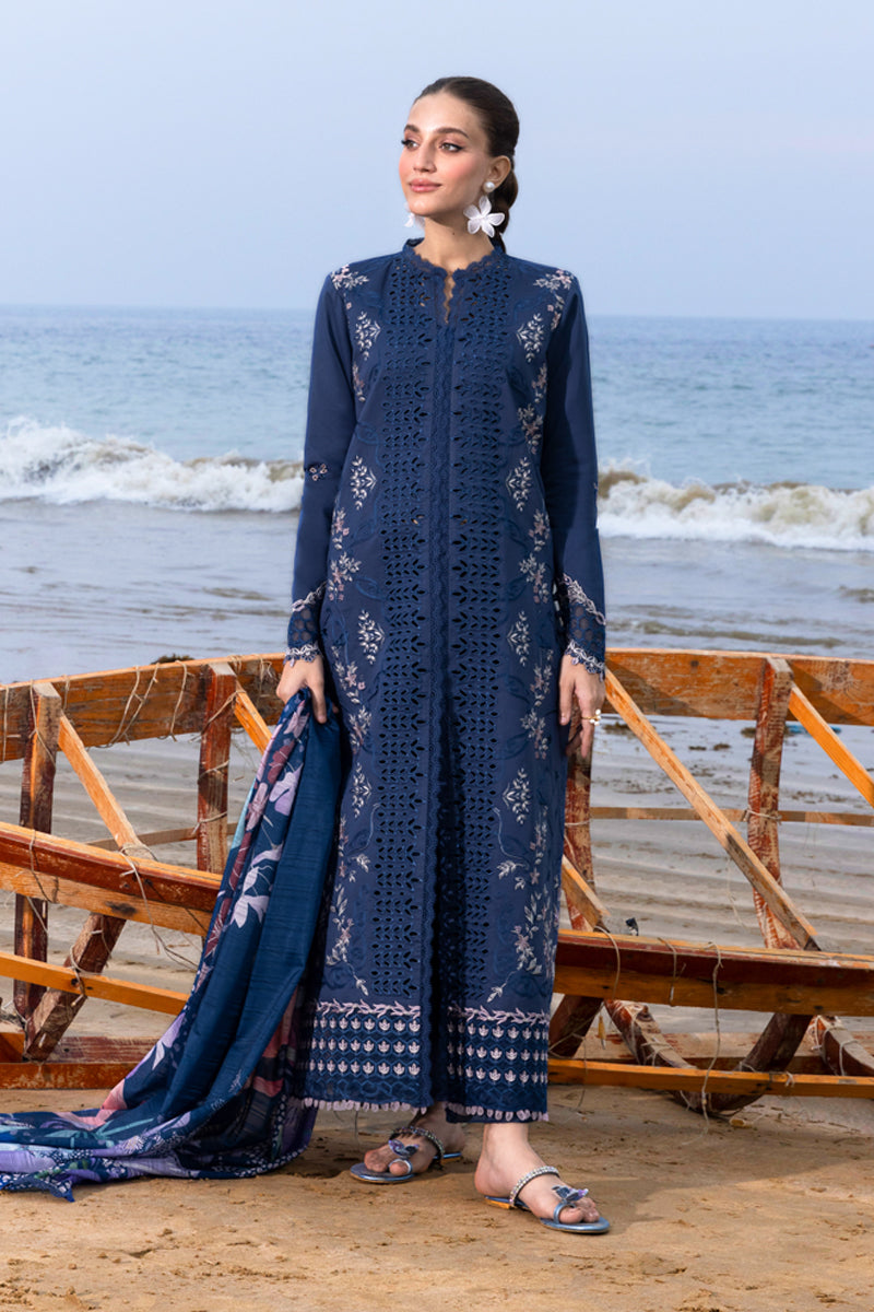 Navy Blue Embroidered Lawn Suit with Silk Digital Printed Dupatta |RTW
