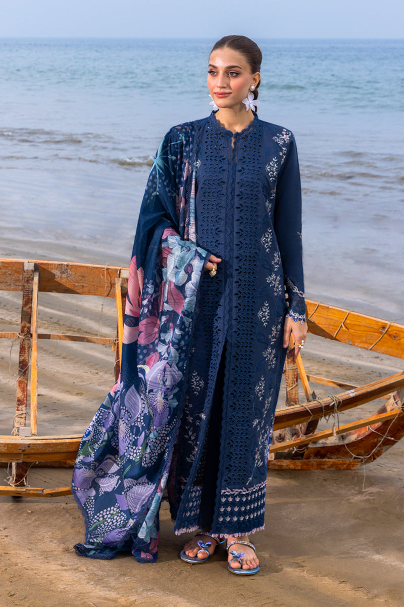 Navy Blue Embroidered Lawn Suit with Silk Digital Printed Dupatta |RTW