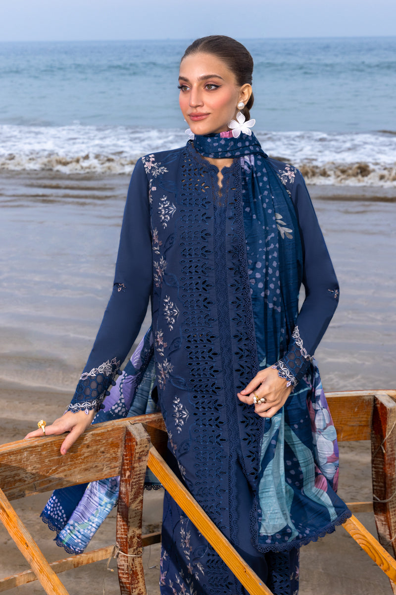 Navy Blue Embroidered Lawn Suit with Silk Digital Printed Dupatta |RTW