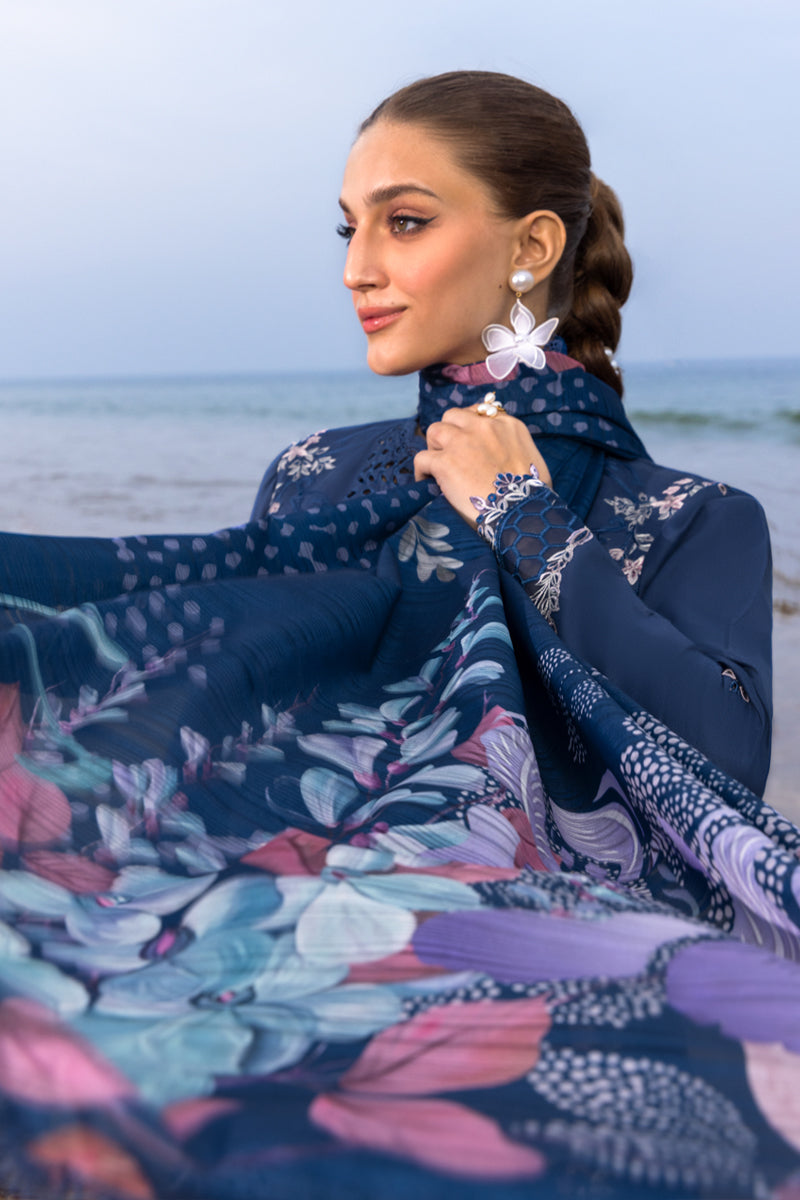 Navy Blue Embroidered Lawn Suit with Silk Digital Printed Dupatta |RTW