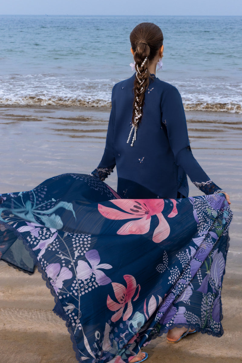 Navy Blue Embroidered Lawn Suit with Silk Digital Printed Dupatta |RTW