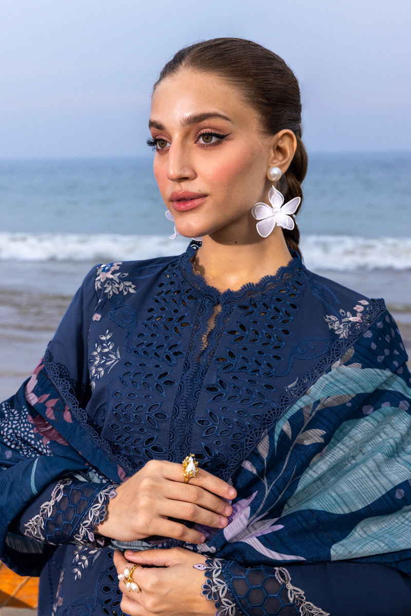 Navy Blue Embroidered Lawn Suit with Silk Digital Printed Dupatta |RTW