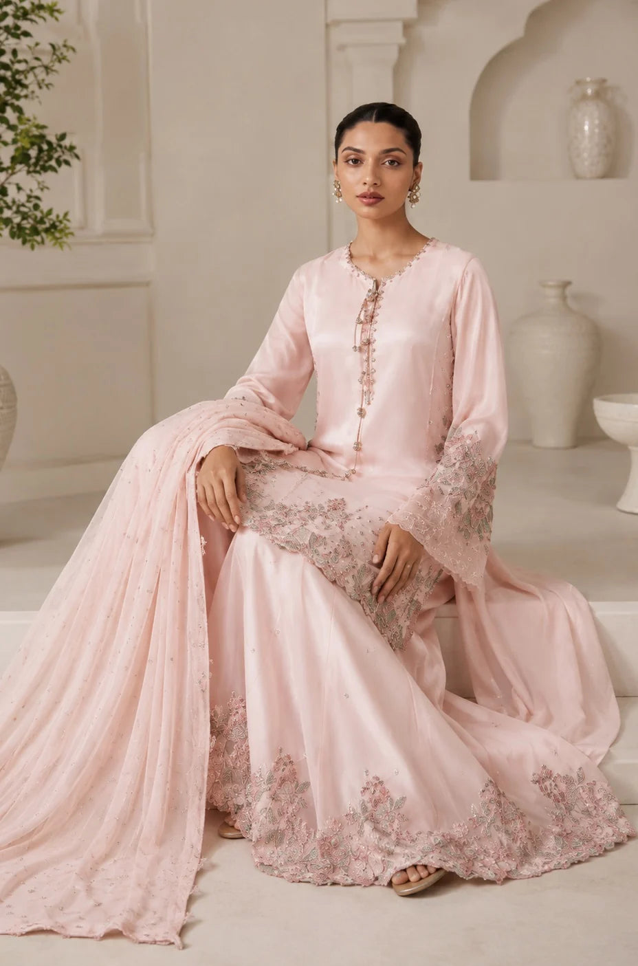 Blushing Pink Bamber Chiffon Ready to Wear Embroidered Festive Suit