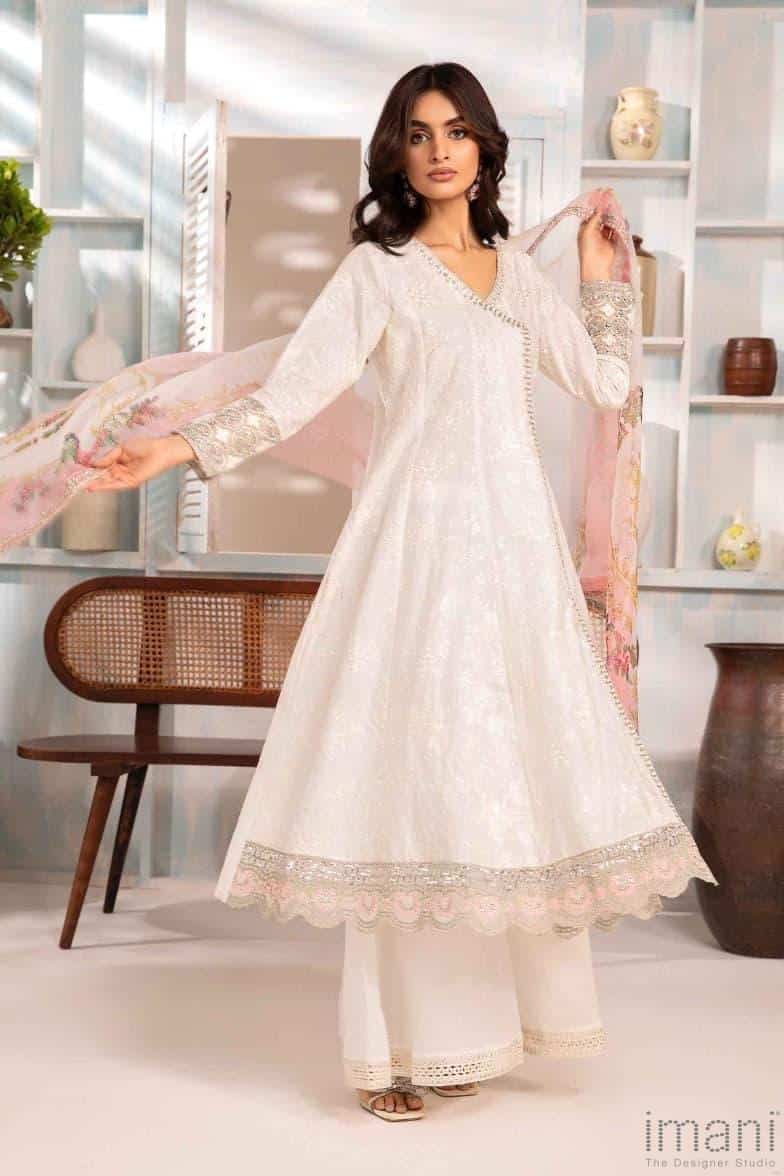 Off White Embroidered Jacquard Lawn Suit with Pink Silk Dupatta |RTW