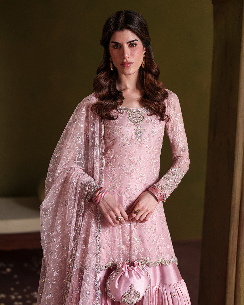 Pink Chiffon Gharara Set with Potli Pouch |Ready to Wear