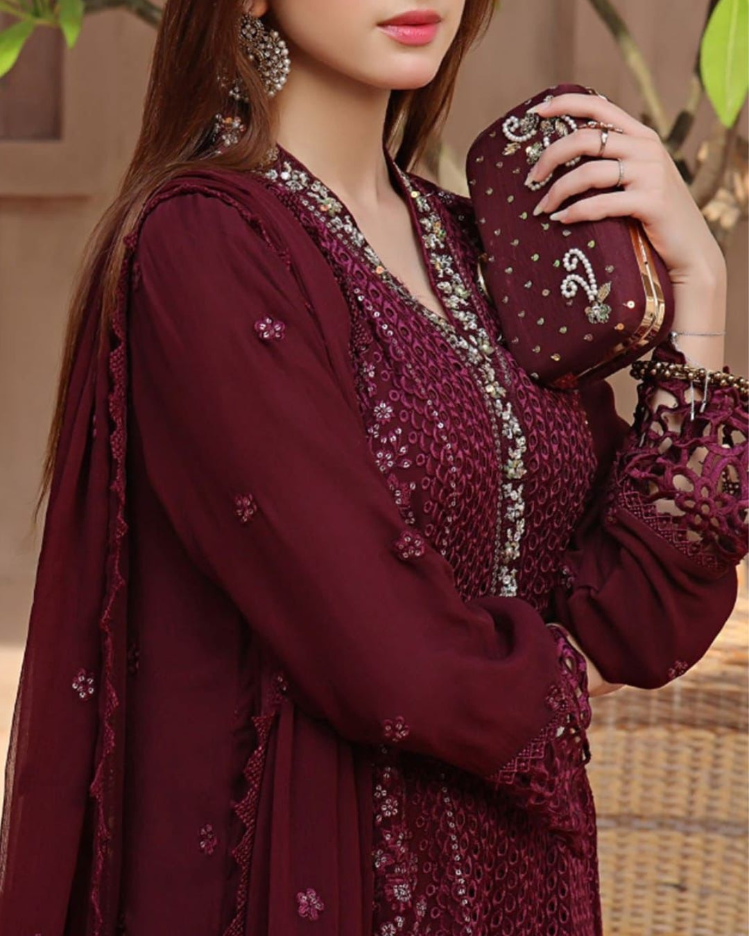 Deep Plum Sequence Embroidered Chiffon Suit |Ready to Wear
