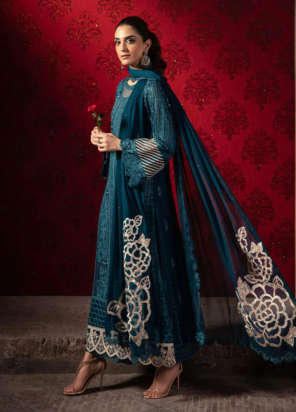 Luxury Deep Teal Heavy Embroidered Chiffon 3-Piece Formal Suit | RTW