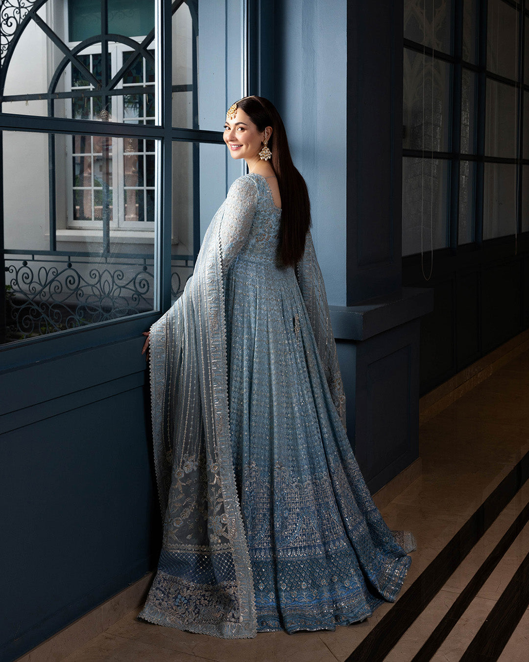 Ready to Wear Blue Embroidered Net Long Gown and Lehenga Set with Pouch