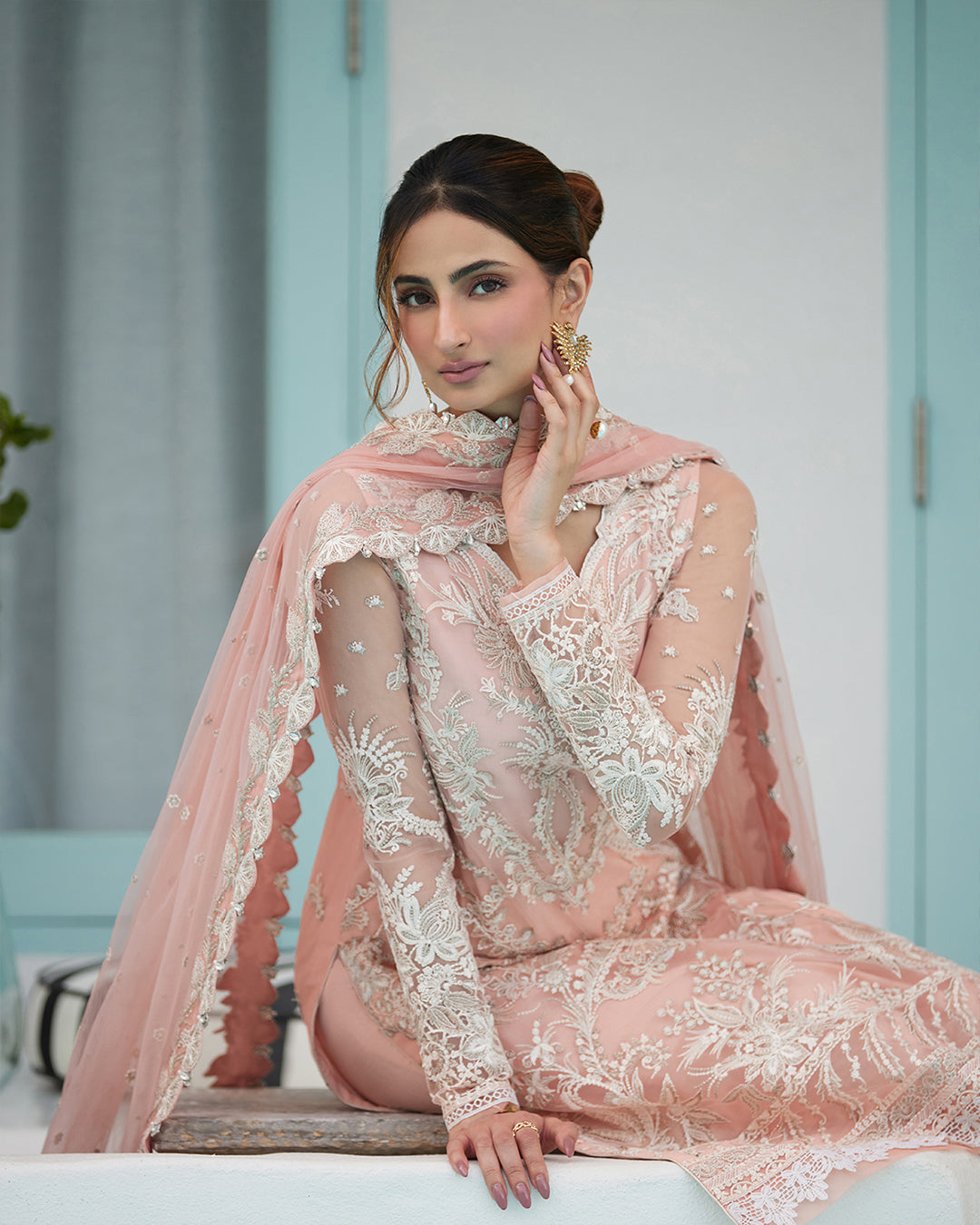 Pastel Pink Embroidered Net Luxury Suit |Ready to Wear