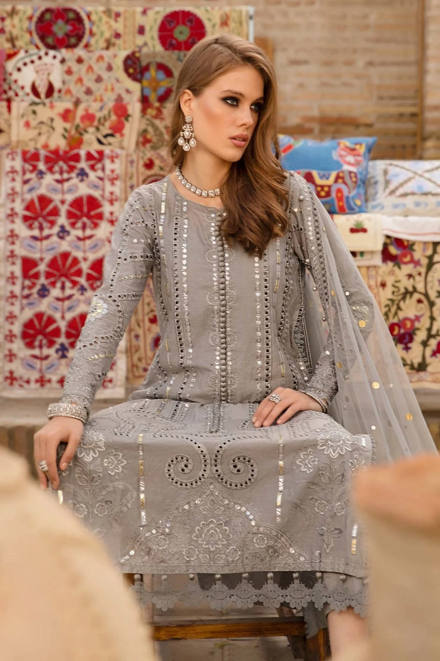 Heavy Embroidered Grey Lawn 3-Piece Suit | Mirror &amp; Foil Work with Net Dupatta